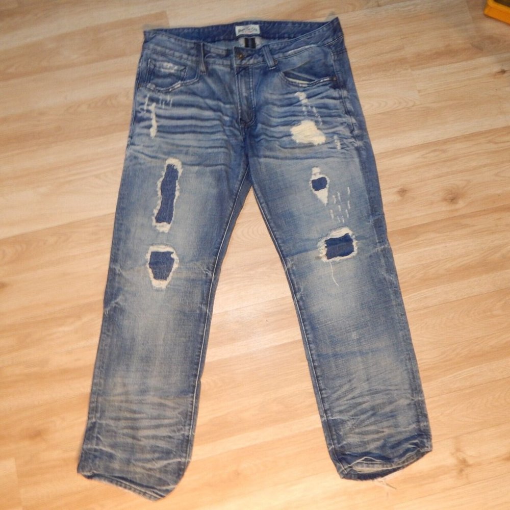 Rivet De Cru Andrew Mens Distressed Blue Denim Relaxed Straight Leg Jeans 36 x32